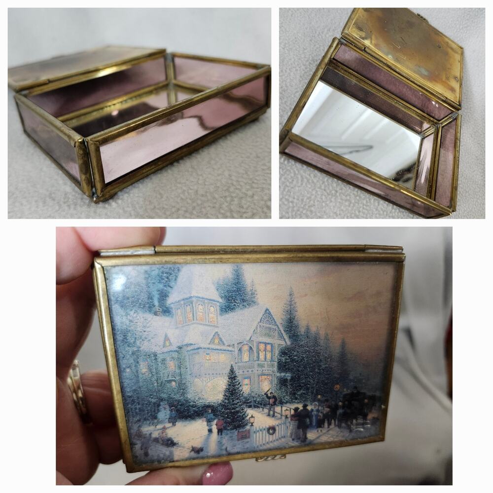 Vtg Enesco Thomas Kinkade Etched Glass Brass Jewelry Trinket Box Cottage